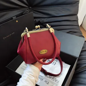 Vintage PU Leather Kiss-Lock Shoulder Bag For Women Solid Color Retro Crossbody Mini Handbag With Metal Frame Frame Top Handle Bag Fashion Versatile Wallet Bag