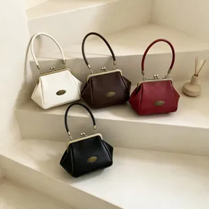 Vintage kiss lock shoulder bag minimalist solid color crossbody purse for women elegant handbag