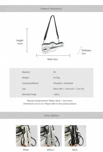 Fashion guitar shaped crossbody bag with PU leather, rivet details and adjustable strap.