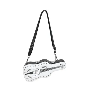 Black and white violin shaped crossbody bag with metal studs and unique musical instrument design.