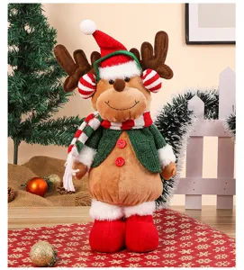 Christmas plush reindeer doll with knitted scarf and hat, perfect for holiday desktop decor.