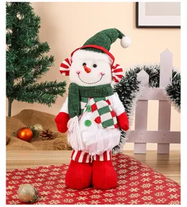 Christmas snowman plush doll ornament with knitted scarf for desktop window holiday decor.