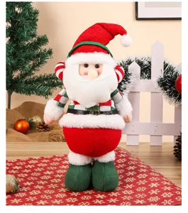 Christmas Santa Claus plush doll with knitted plaid scarf, festive desktop decoration ornament.
