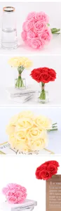 Artificial rose bouquet details, vibrant pink and red flowers arranged in glass vases.