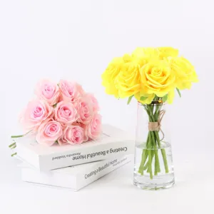 Artificial rose flower bouquet with vase, elegant silk roses for home decor and wedding party table.