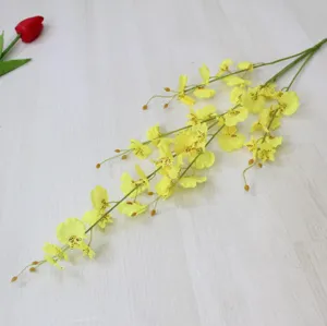 Artificial yellow dancing orchid silk flowers 5-fork fake plant for home decor party.