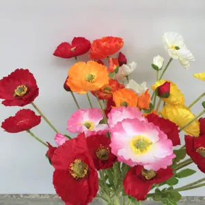 Detailed close-up of artificial Iceland poppy faux flowers, colorful silk bouquet decor.