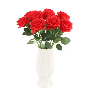 Artificial red rose flower bouquet detail, silk rose close up view for home decor