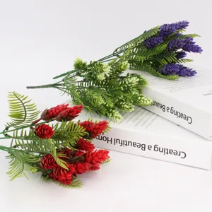 Artificial pinecone plant bundle detail, multi-color foliage photography prop, decor display.