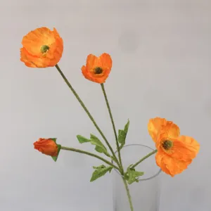 Artificial poppy flower detail view, showcasing vibrant orange petals and delicate stem decor.