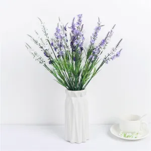 Artificial lavender flower bouquet in white vase, perfect for home decor, wedding and party.