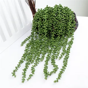Close-up detail of artificial string of pearls hanging plant succulent green vine decor.