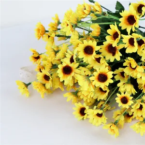 Detail view of artificial yellow sunflower bouquet, silk flower for home decor and wall plants.