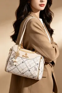 Beige plaid shoulder bag with cute bear pattern, elegant handbag for women commuting daily style.