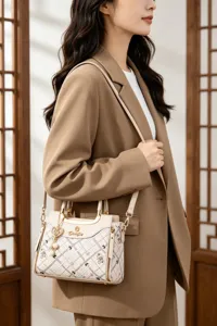 Detail shot of elegant quilted crossbody bag with cute bear pattern and metal charm hardware.