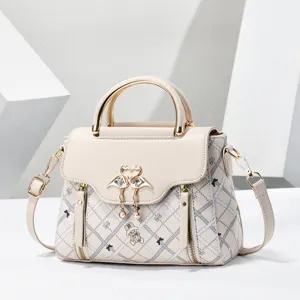Elegant beige top-handle shoulder bag for women, featuring stylish swan clasp and chic plaid design.