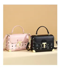 Stylish women small square handbag with bear monogram print, chic crossbody shoulder bag.