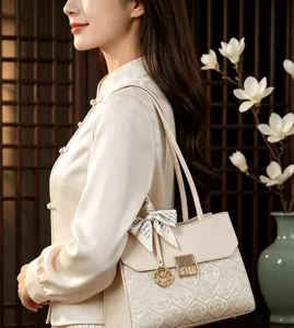 Elegant beige women's tote bag with stylish silk scarf accent and metallic lock closure.