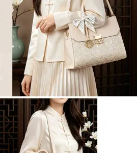 Elegant beige women handbag detail showing large capacity, metal lock clasp and chic ribbon decor.