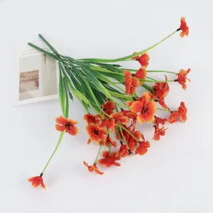 Artificial silk flowers bouquet, vibrant orange patterned blooms with green stems for home decor.