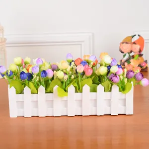Artificial flowers in a 30cm white wooden fence pot, perfect for home desktop and wedding decor.
