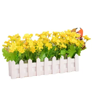 Artificial flowers set in white wooden fence pot for home living room desk floral decor.