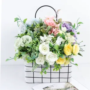 Nordic faux tea rose hydrangea bouquet, artificial floral arrangement for home decor detail view.