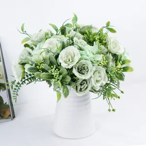 Artificial tea rose hydrangea bouquet with white ceramic vase for home decor and wedding photography props.
