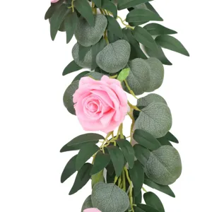 Artificial eucalyptus vine with pink roses faux green leaf garland for home decor