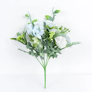 Close-up detail of artificial blue and white rose hydrangea bouquet for home decor and wedding props.