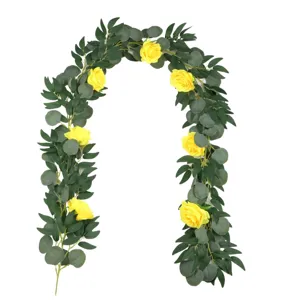 Artificial Eucalyptus Garland with Yellow Roses Fake Vine for Wedding Home Party Decor
