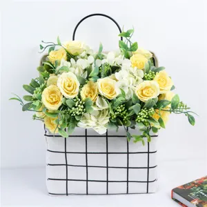 Nordic simulation rose hydrangea floral arrangement in grid fabric basket for home decor