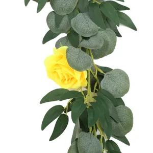 Artificial Eucalyptus Garland with Yellow Rose Silk Flower Vine for Home Decor Item