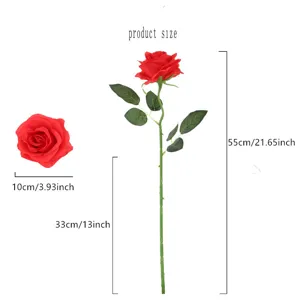 Single artificial red rose detail view showcasing flower head size and stem length specifications.