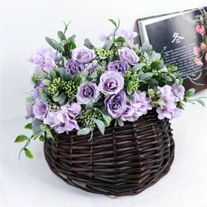 Nordic artificial rose hydrangea bouquet in wicker basket for home decor wedding photo props.