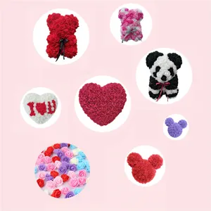 PE foam rose heads and cute bear heart shaped flower decorations for DIY wedding party decor.