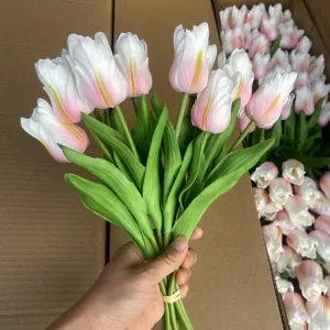 Artificial PU tulip detail bouquet, soft touch pink white gradient flower for home decor wholesale.