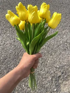 Artificial PU tulip bouquet for home decoration, realistic yellow floral arrangement.