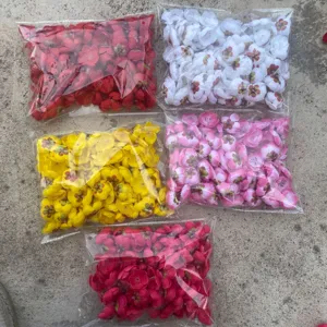 Artificial plum blossom flower heads in bulk, clear bags, diy craft accessories detail shot.