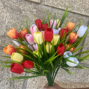 Colorful artificial tulip bouquet with green leaves faux flowers for home garden decor