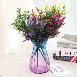 Artificial lavender flower bouquet in gradient glass vase, home decor faux plant for living room.