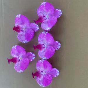 Detailed view of large artificial phalaenopsis orchid flower heads, purple and white.