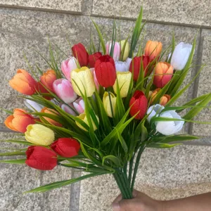 Colorful artificial tulip bouquet faux flowers perfect for home and garden decoration.