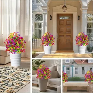 Details of colorful artificial flower potted plants displaying in home and garden scenes.