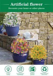 Detailed view of colorful artificial potted flowers arranged on outdoor stone steps for decor.