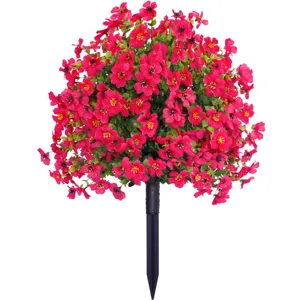 Artificial violet flower stake detail, vibrant red blooms and green leaves for garden decor.