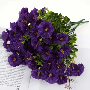 Artificial morning glory flower bouquet, vibrant purple fake plants for home wedding decor.