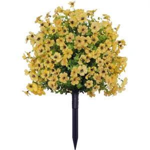 Detailed close-up of artificial yellow flower ball stake with green leaves for garden decor.