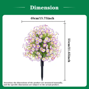 Artificial morning glory flower ball stake garden decor with clear dimension specifications.