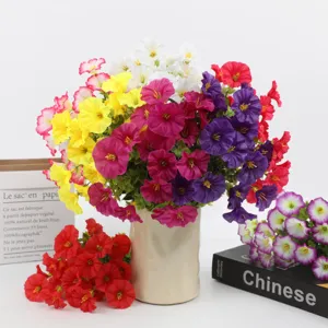 Artificial morning glory bouquet in ceramic vase, vibrant colors for home decor and garden setup.